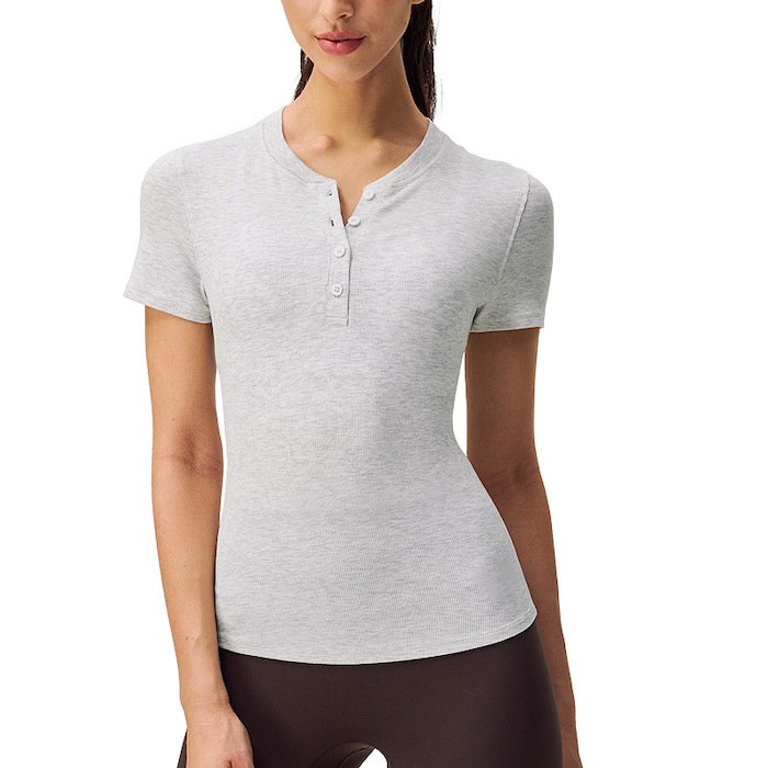 Women’s Short Sleeve Henley Top – Viscose Blend Ribbed Fabric